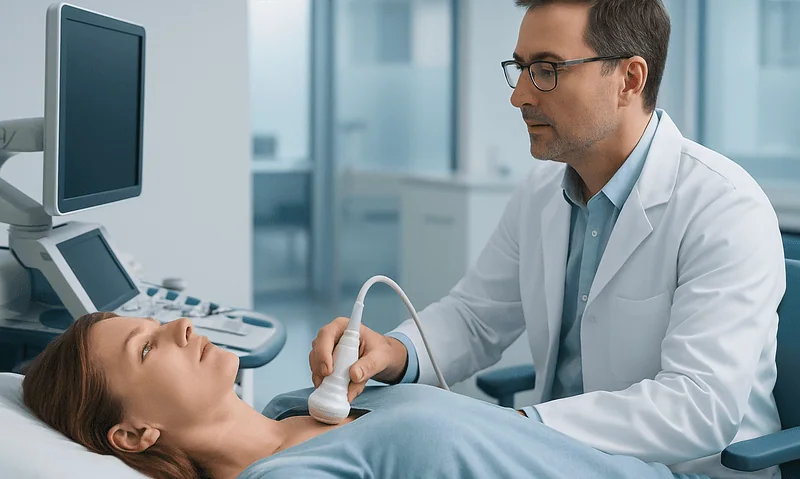 Doctor performing thyroid ultrasound on a patient in a hospital.