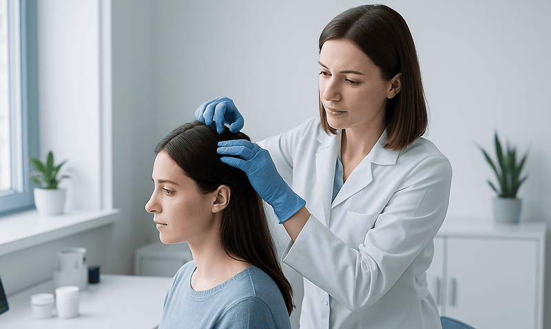 Doctor examining woman's scalp for hair loss treatment at Acibadem Hospital.