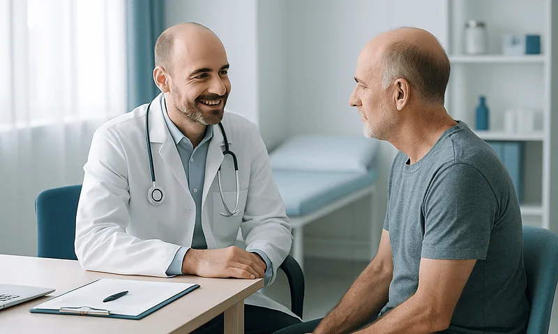 Doctor consulting with patient in a medical office setting.