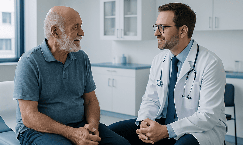Doctor consulting with elderly patient in a modern clinic setting.