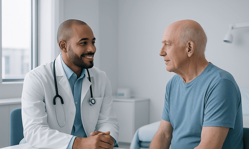 Doctor consulting with an elderly patient in a hospital room.