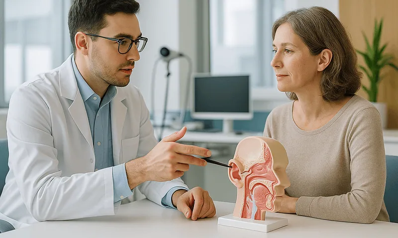 ENT specialist explaining nasal anatomy to a patient with a model.
