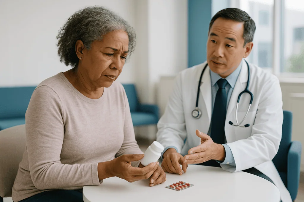 Doctor discussing medications with senior female patient: NSAIDs and kidney function: why the pain-reliever aisle draws so m