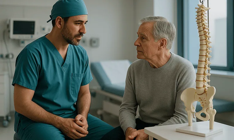 Doctor consulting elderly patient in a medical office with spine model present.