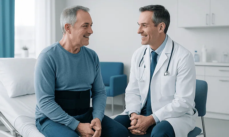 Doctor consulting with middle-aged male patient in hospital room.