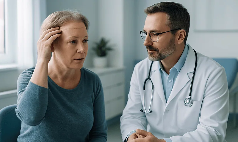 Doctor consulting with a woman about scalp numbness after forehead lift.