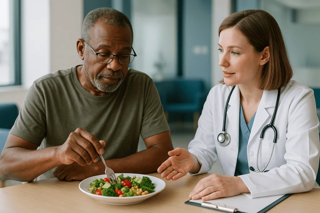 Doctor discussing healthy diet with patient during consultation: Number one: the DASH diet for high blood pressure