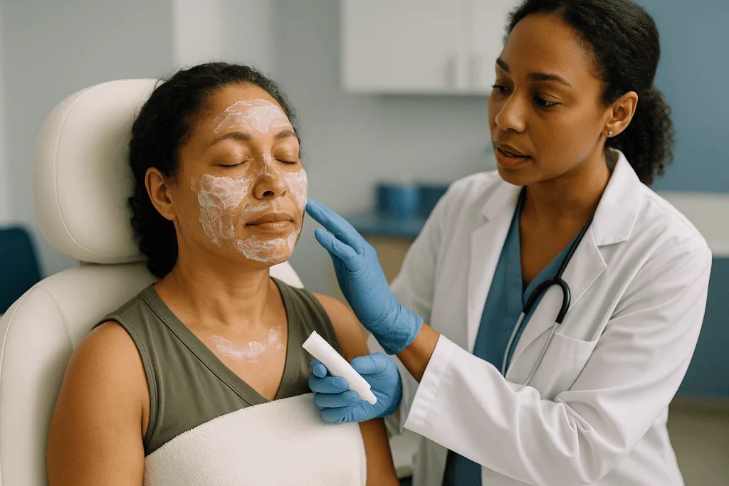 Dermatologist examining patient's face with numbing cream — Numbing cream for microneedling and other comfort options