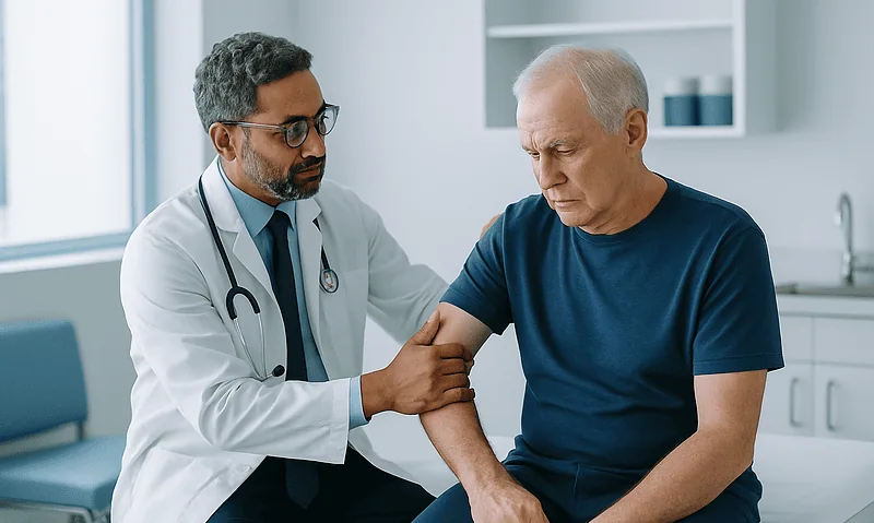 Doctor examining patient's arm after shoulder dislocation in clinic.