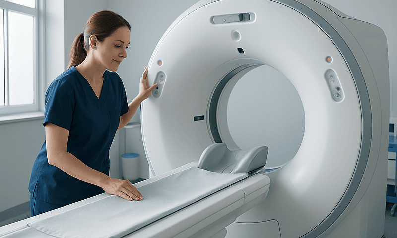 Medical technician prepares MRI scan in a hospital imaging room.