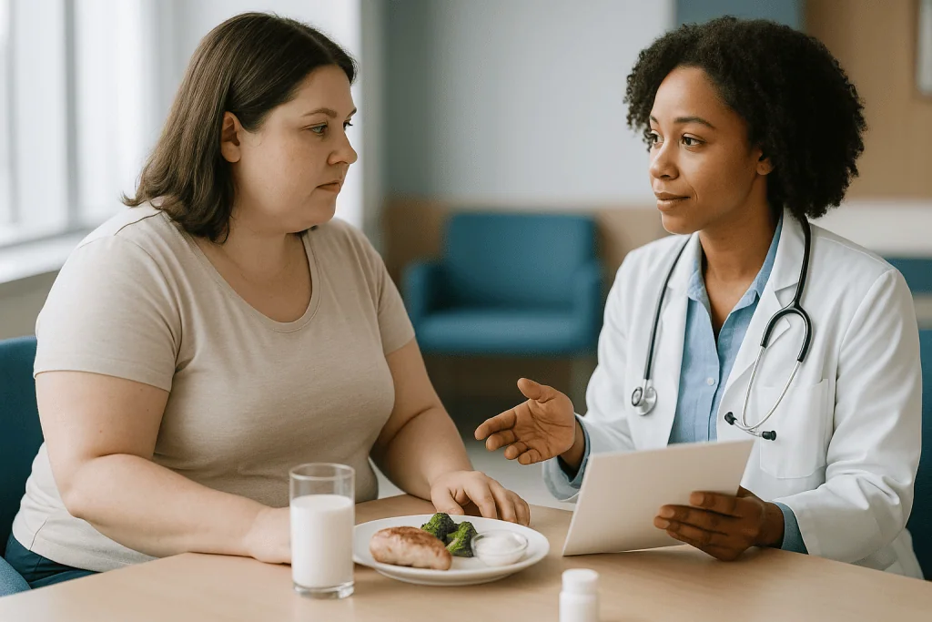 Doctor consulting patient about nutrition and diet: Nutrition requirements before body contouring: protein, iron, B12 and vi