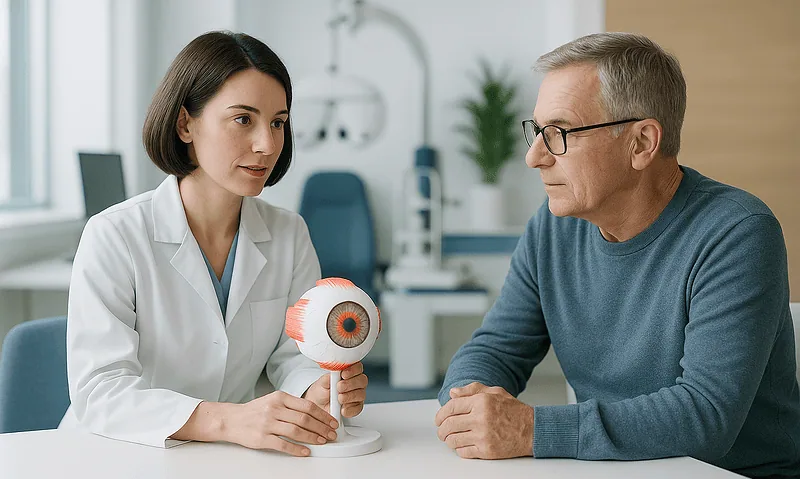 Optometrist explains eye health to an older patient in a clinic setting.