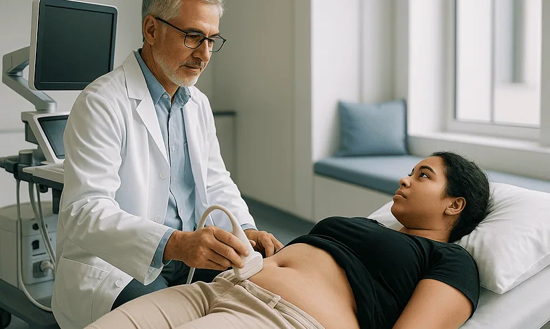 Doctor performing an abdominal ultrasound on a female patient in a hospital room.
