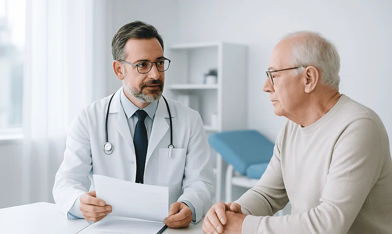 Doctor consulting with elderly patient in a medical office.
