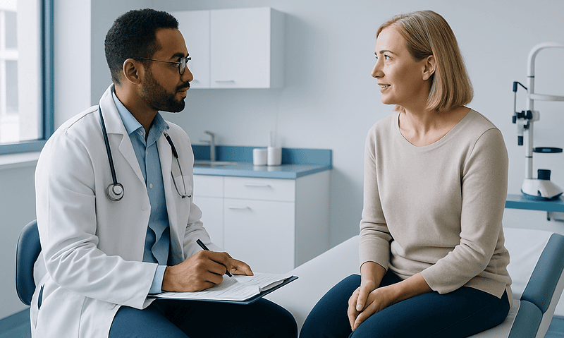 Doctor consulting with a female patient in a medical office.