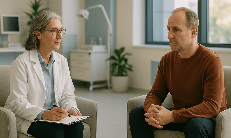 Psychologist and patient discussing mental health in a clinic setting.