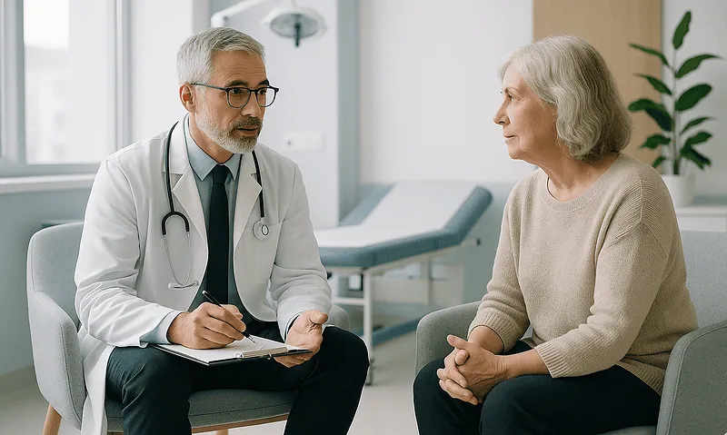 Doctor consulting with an elderly woman in a medical office.