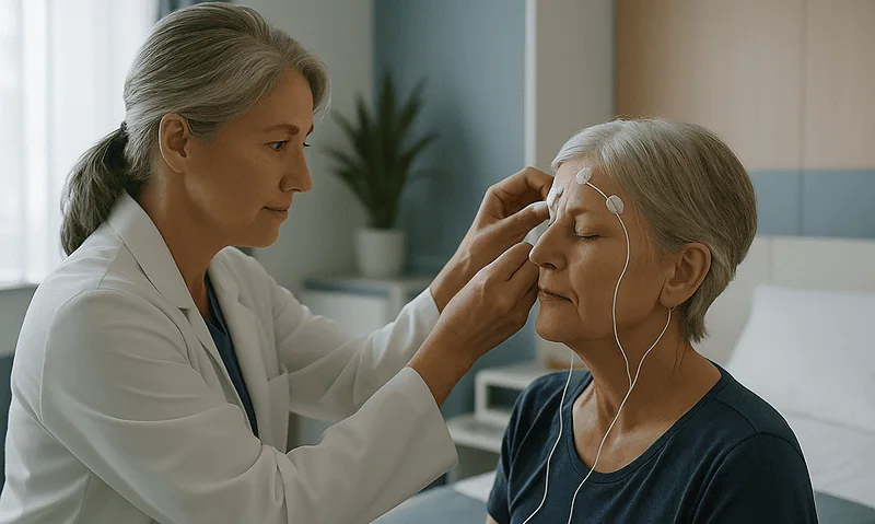Doctor examines elderly woman for sleep apnea in a clinical setting.