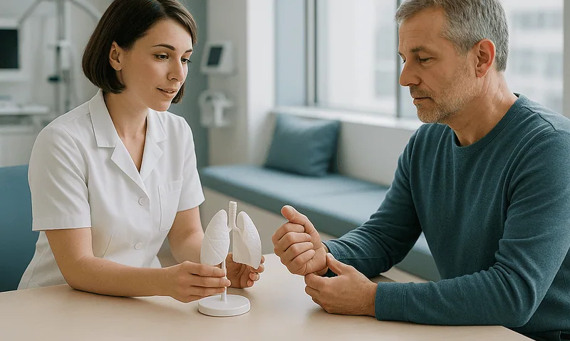 Doctor explaining lung health to patient with lung model in clinic.