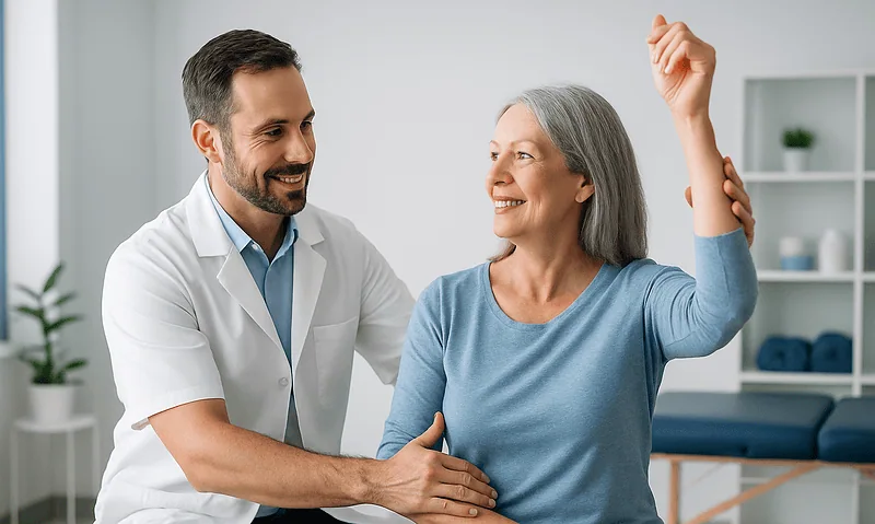 Physical therapist assisting elderly woman with arm movement exercises.