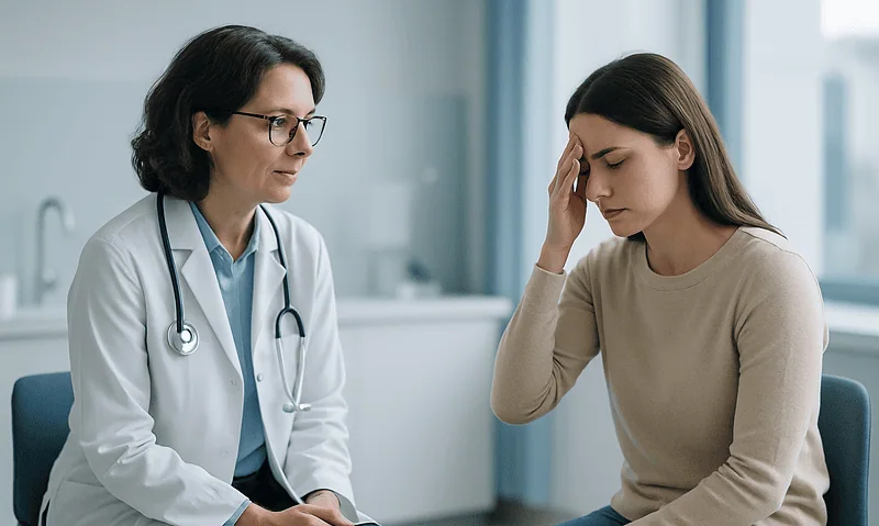 Doctor consulting with a young woman experiencing headache symptoms.