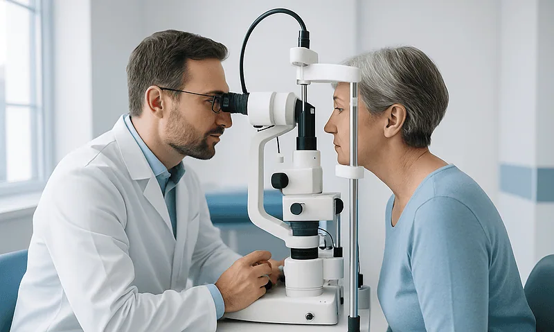Ophthalmologist examining elderly woman's eye with slit lamp.