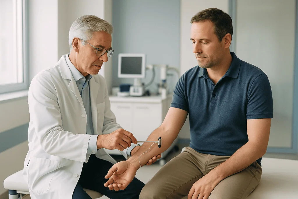 Oculomotor Nerve Palsy 1 Doctor examining patient's arm in a medical consultation room.