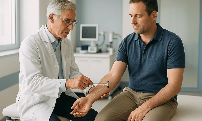 Doctor examining patient's arm in a medical consultation room.