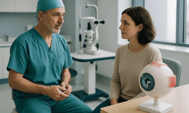 Oculoplastic surgeon consulting with a patient in a medical office.