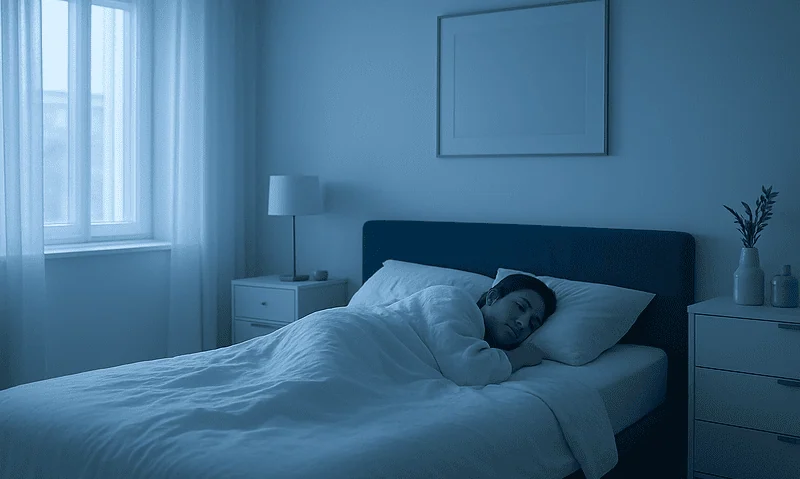 Person resting in bed after oculoplastic surgery recovery at home.