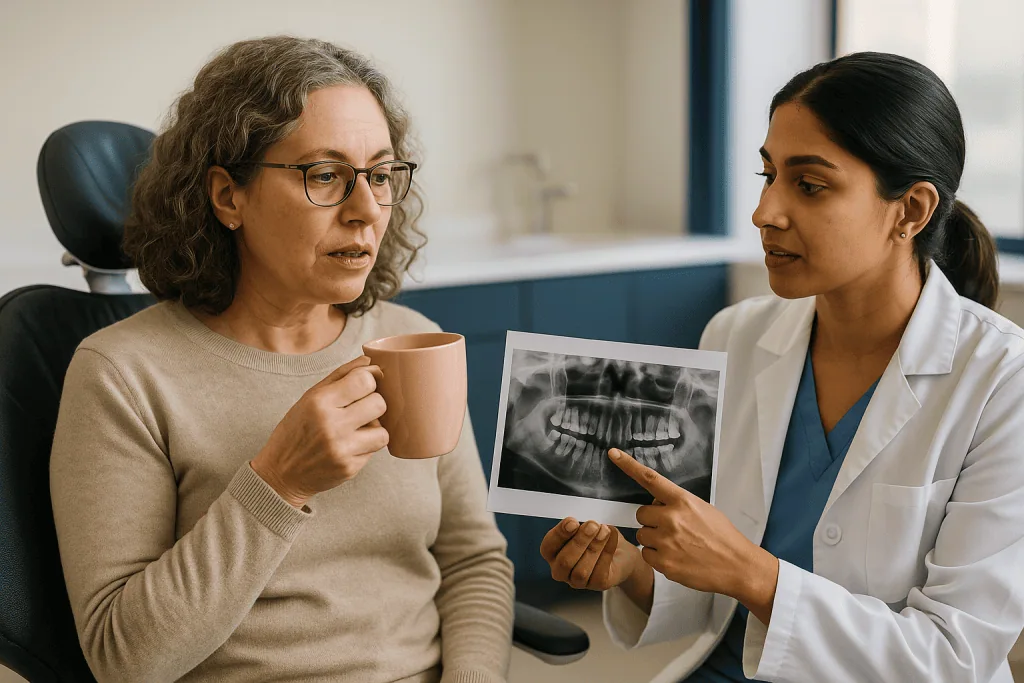 Dentist consulting adult patient reviewing dental X-ray: Old fillings, crowns and root canals: what happens to earlier denta