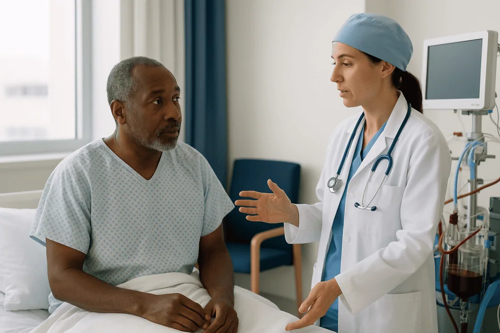Doctor consulting with patient in hospital room — On-pump or off-pump: how the heart-lung machine changes the clock