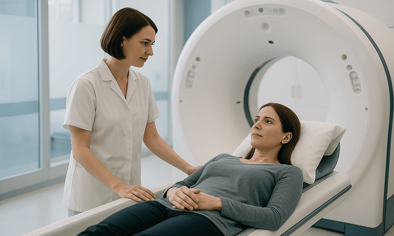 Female patient undergoing MRI scan at Acibadem Hospital for cancer diagnosis.