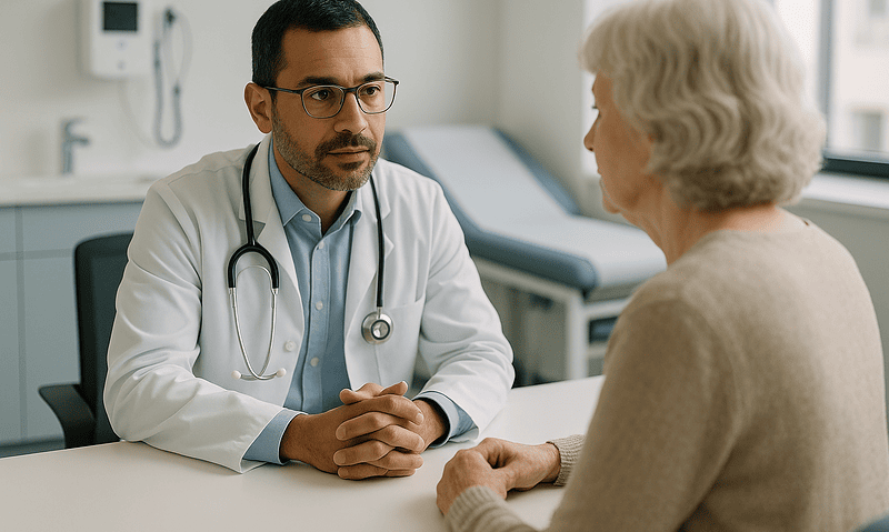 Doctor consulting with elderly patient in hospital setting.