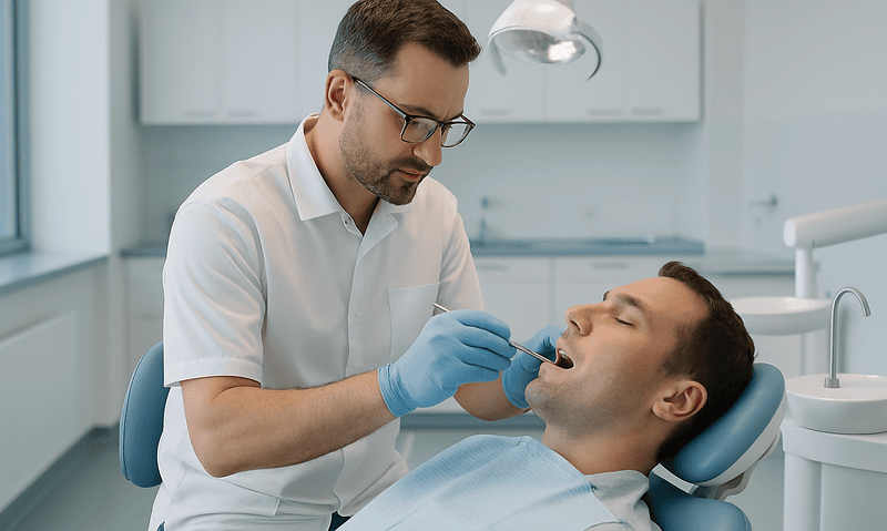 Dentist performing a dental check-up on a patient in a modern clinic.