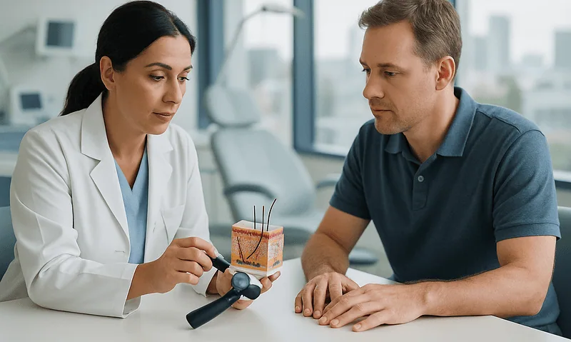 Doctor explaining onychomycosis to patient with nail model in clinic.