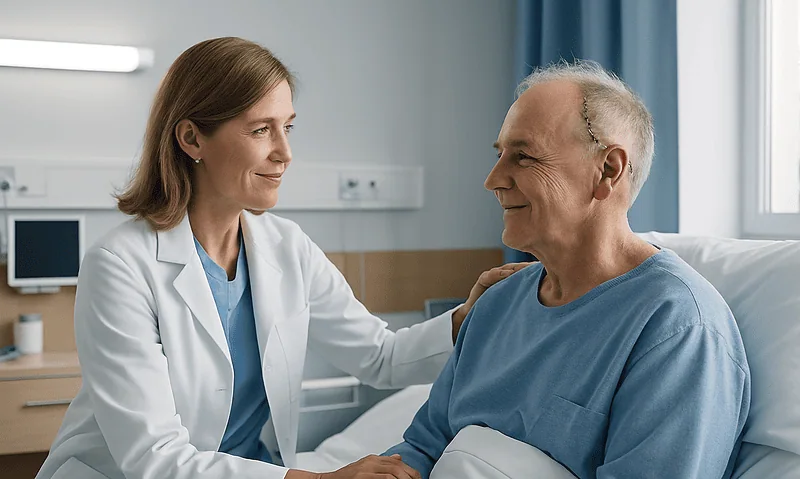 Doctor comforting an elderly patient in a hospital room.