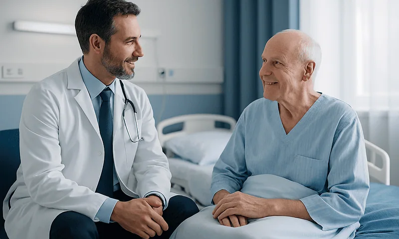 Open, Minimally Invasive or Robotic Cardiothoracic Surgery: Which Approach and Why? 4 Doctor consulting with senior patient in hospital room.