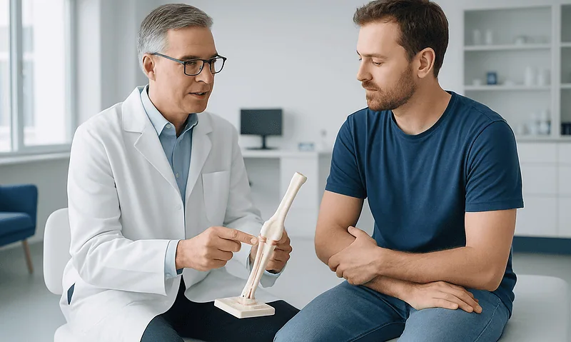 Orthopedic doctor explaining elbow anatomy to patient in clinic.