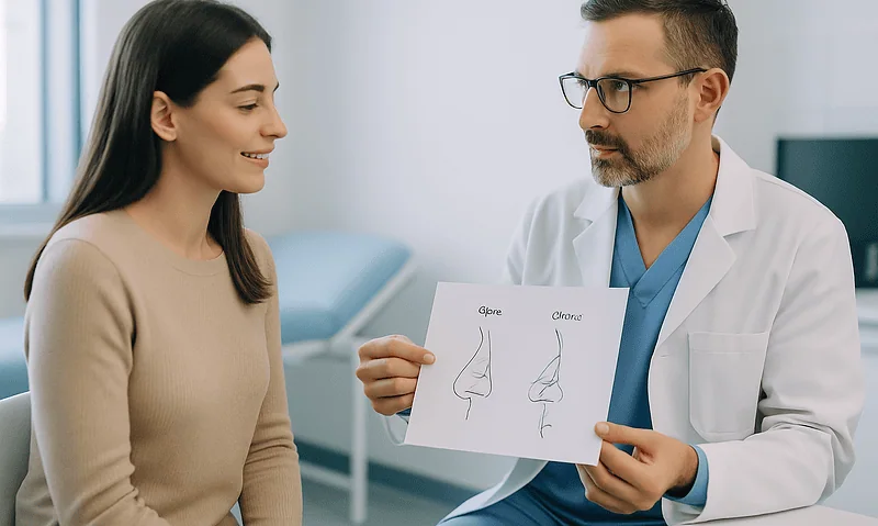Doctor explaining rhinoplasty options to patient with nose diagrams.