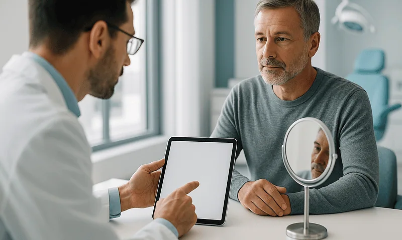 Doctor consulting with patient about rhinoplasty recovery options in clinic.
