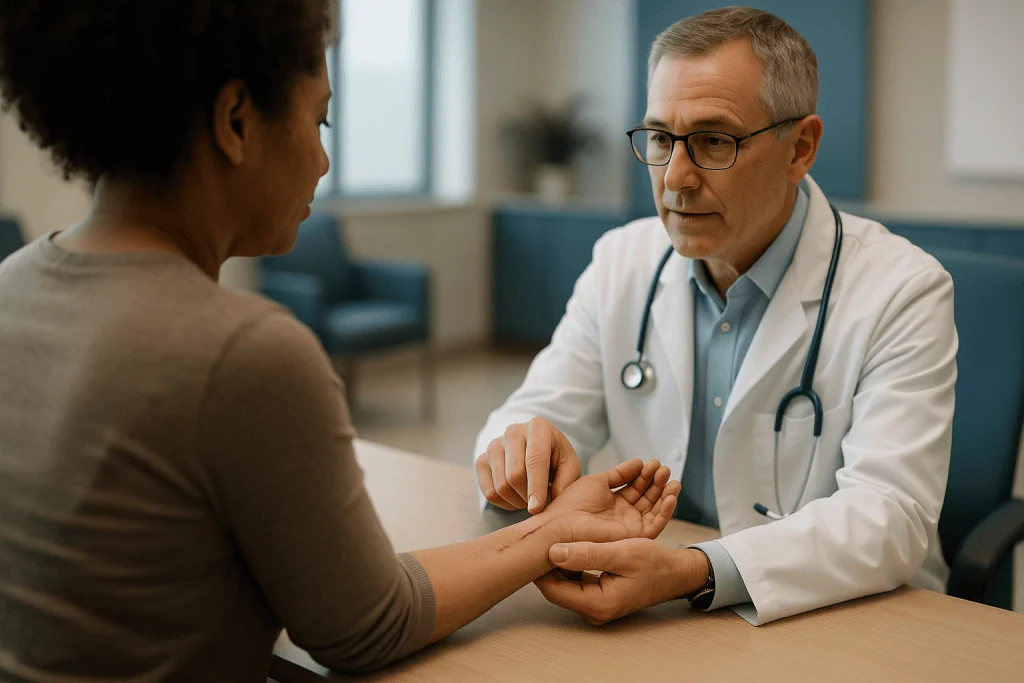 Doctor examining patient's hand during consultation — Open vs endoscopic carpal tunnel release: the comparison in one table