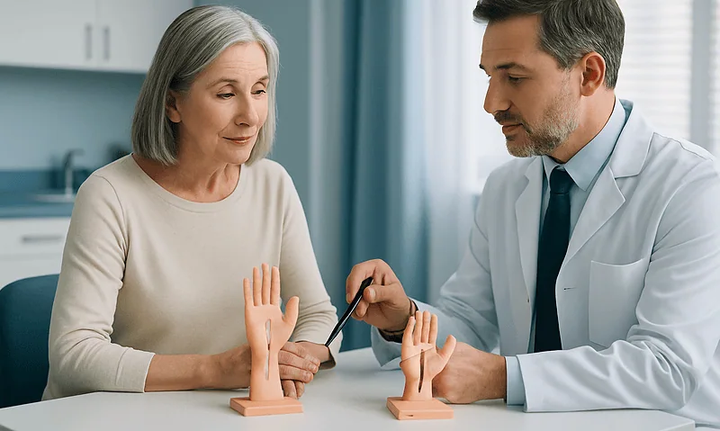 Doctor explaining carpal tunnel syndrome to an elderly woman with hand models.