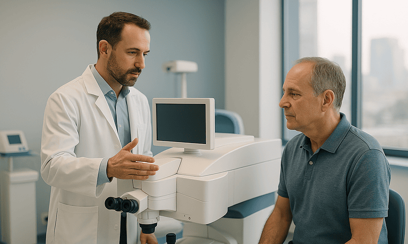 Ophthalmologist explaining laser eye treatment to patient in clinic.