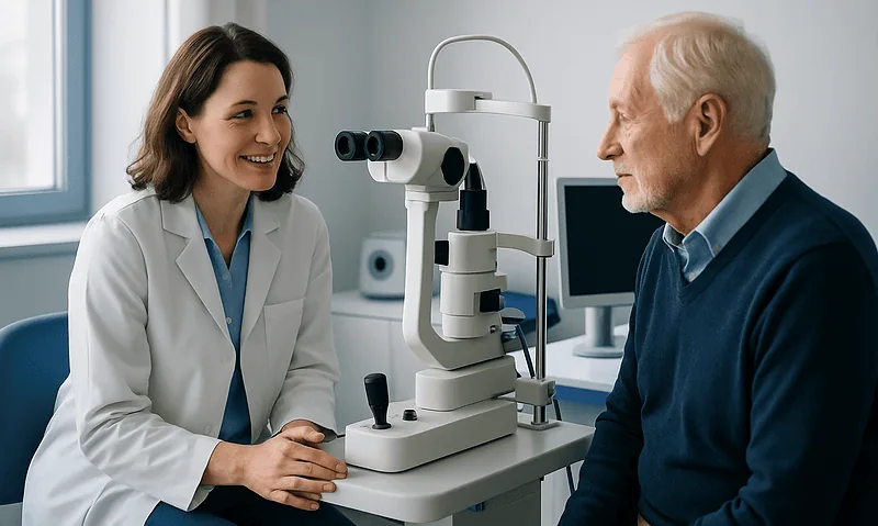 Ophthalmologist consulting elderly patient with eye examination equipment.