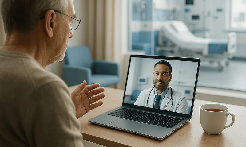 Elderly man consulting with a doctor via telemedicine in a hospital room.