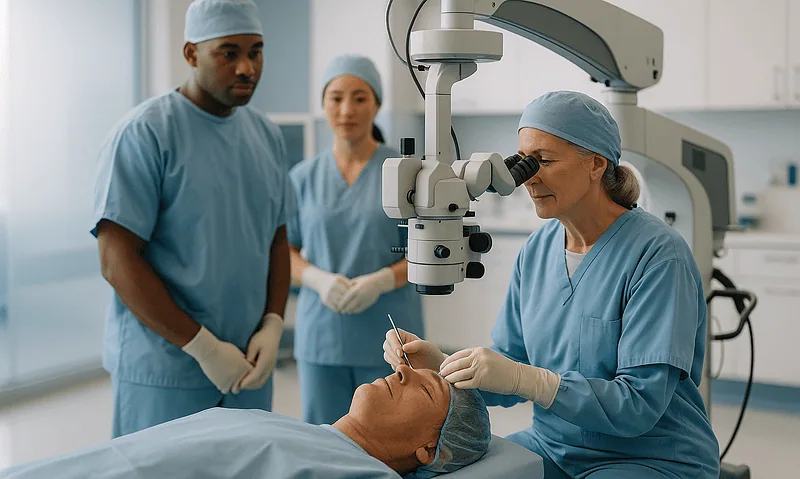 Surgeon performing eye surgery with medical team in operating room.