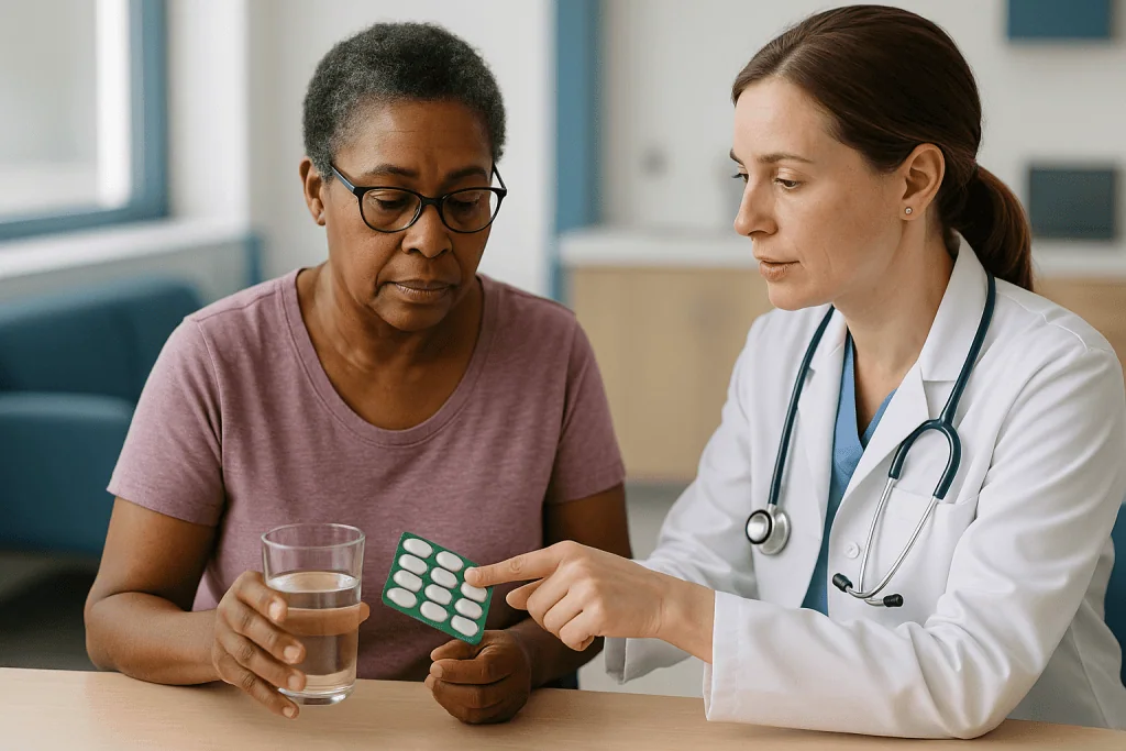 Doctor showing medication blister pack to patient: Oral antibiotics bowel prep: what the evidence actually shows