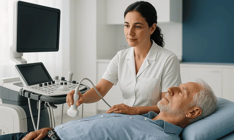 Doctor performing an ultrasound on a patient in a medical clinic.
