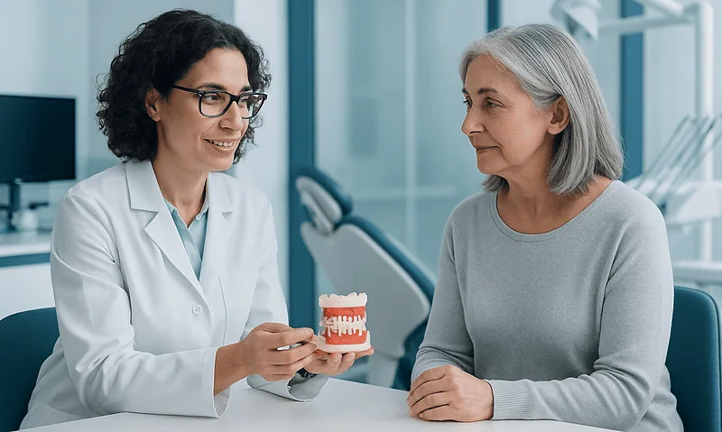 Dentist explaining dental health to an older woman in a clinic.